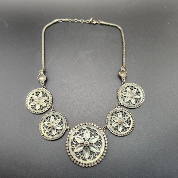 Statement Bib Necklace Antique Silver Tone Black Cream Floral Medallion Boho - Picture 2 of 8